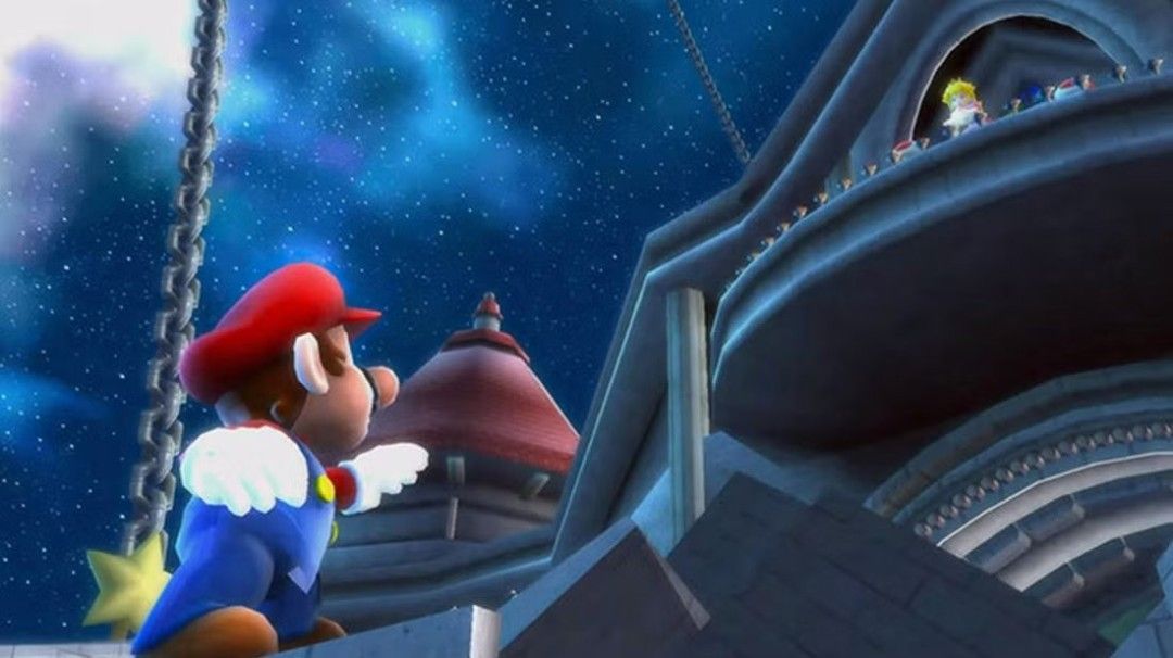 《超级马里奥银河》Switch 2版与Wii版画面对比图，展示同一场景下纹理清晰度差异