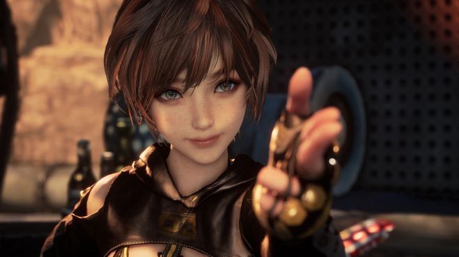 《胜利女神：新的希望》与《剑星》联动宣传图，画面中多位角色并肩而立，背景闪耀星空与机械残骸交织