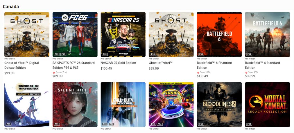 加拿大PS商店数据图表，《羊蹄山之魂》预购量遥遥领先