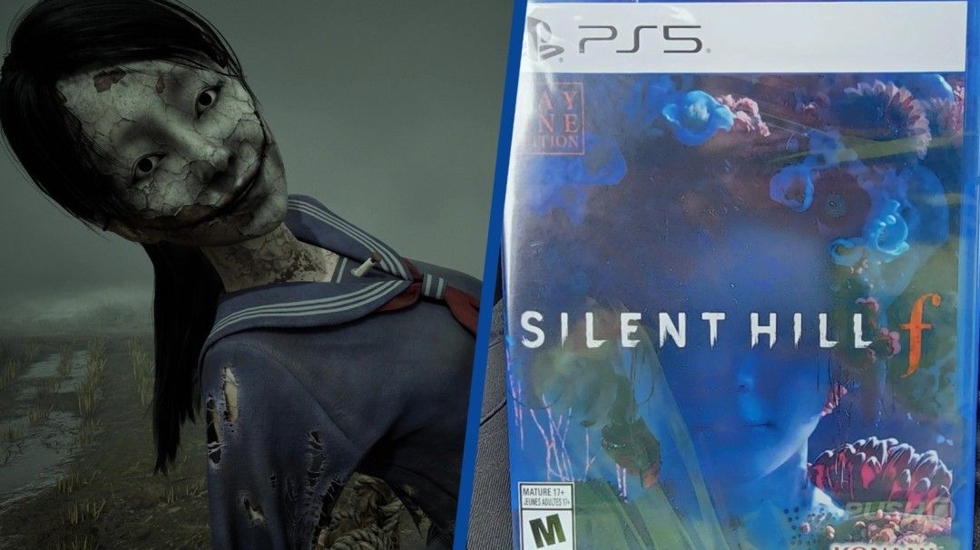 《寂静岭f》实体游戏包装封面展示，黑色背景上浮现朦胧小镇轮廓，氛围阴森压抑