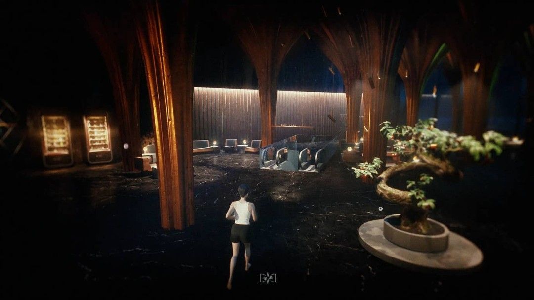 《Tangerine Antarctic》游戏场景概念图，展现一座被暴雪包围的现代主义风格酒店，建筑线条冷峻，氛围神秘而压抑