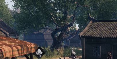 玩家角色正在砍伐河边的松树，斧头挥动间木材掉落一地