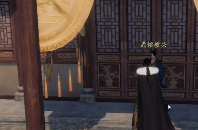 玩家角色正在与雁州武馆教头对话，背景为传统中式武馆，墙上挂着兵器