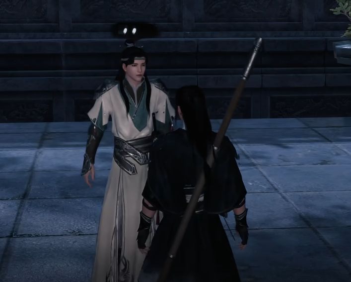 玩家在城镇街道上行走，头顶显示任务追踪箭头，前方有NPC等待交互