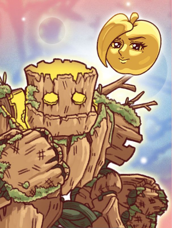 技能释放动图，大木头张开双臂发出挑衅动作，敌人头顶出现‘嘲讽’标识，同时血条上方浮现绿色回血数字