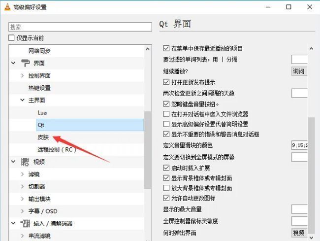 偏好设置窗口左侧导航栏中‘皮肤’选项被选中，右侧显示相关参数