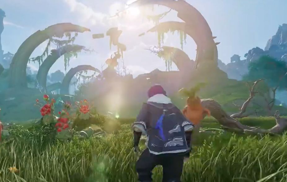 战斗场景中骨刺从地面突起，角色紧急闪避，背景为发光的龙骨结构