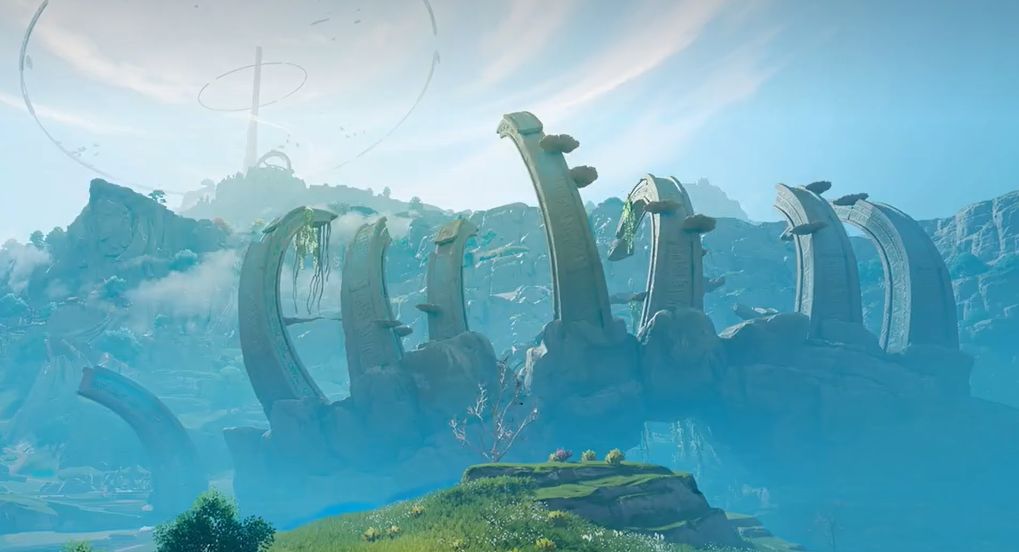 四名英雄组成小队在龙旗谷中并肩作战，周围环绕着浮动的能量符文