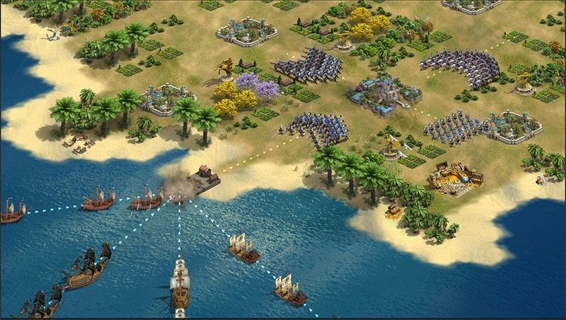 战斗实况画面，两军交锋火花四溅，技能特效华丽，展现激烈对抗场景