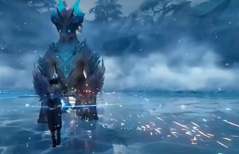 玩家在冰雪祭坛前挑战蔚蓝神兽分身，画面充满冰霜特效，技能光效交错