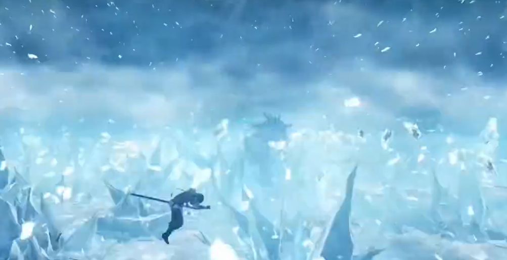 五名玩家在暴风雪中围攻蔚蓝神兽，地面布满冰锥陷阱，团队协作释放大招