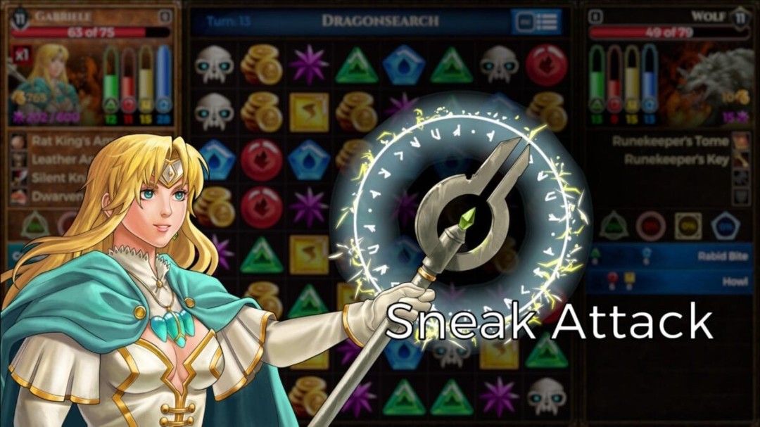 游戏战斗画面截图，角色站在宝石网格前，技能栏闪烁待发，敌人形象狰狞逼近