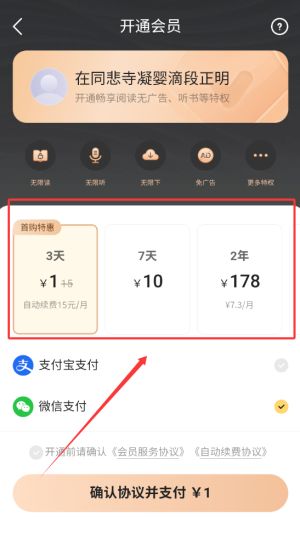 追读小说会员开通成功提示画面，显示会员有效期及已享特权
