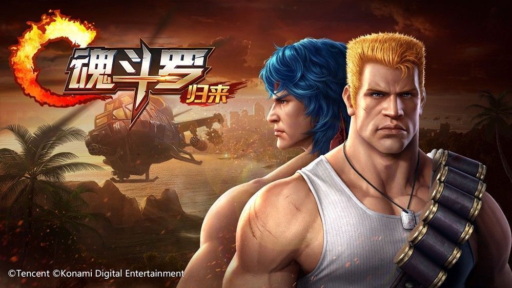 游戏中两名角色在丛林关卡中激烈战斗，子弹横飞，爆炸特效四起，展现高强度动作射击场面