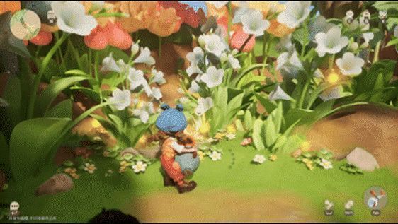 游戏角色在巨大蘑菇下避雨，抬头望向滴落的水珠，氛围静谧温馨