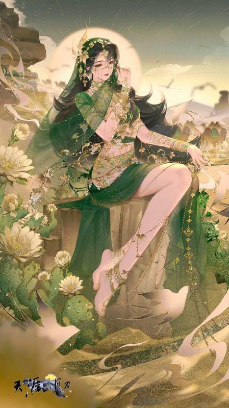 《天涯明月刀》全新外观【浮光·望楼兰】概念图，角色身披纱质长袍，头戴金饰，背景为夕阳下的古城遗迹与飞舞的金色沙粒