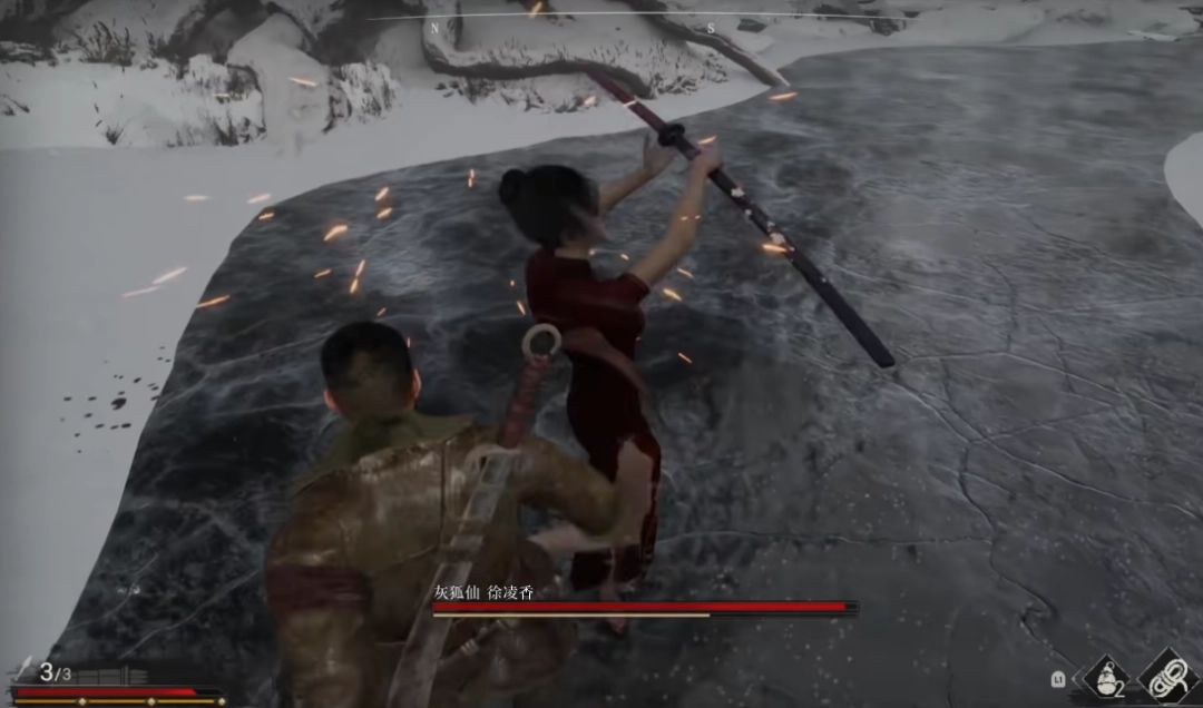 雪地中主角持枪潜行，远处有日军岗哨灯火