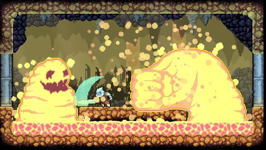 游戏内角色阿猿特写画面，身穿藤甲，眼神坚定，背后浮现火焰与冰霜元素特效