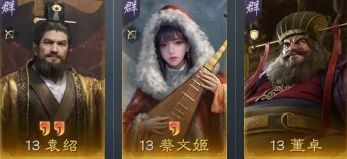 董蔡袁三人组战斗画面，董卓释放大招冲击敌人，蔡文姬施放护盾，袁绍在前排格挡攻击