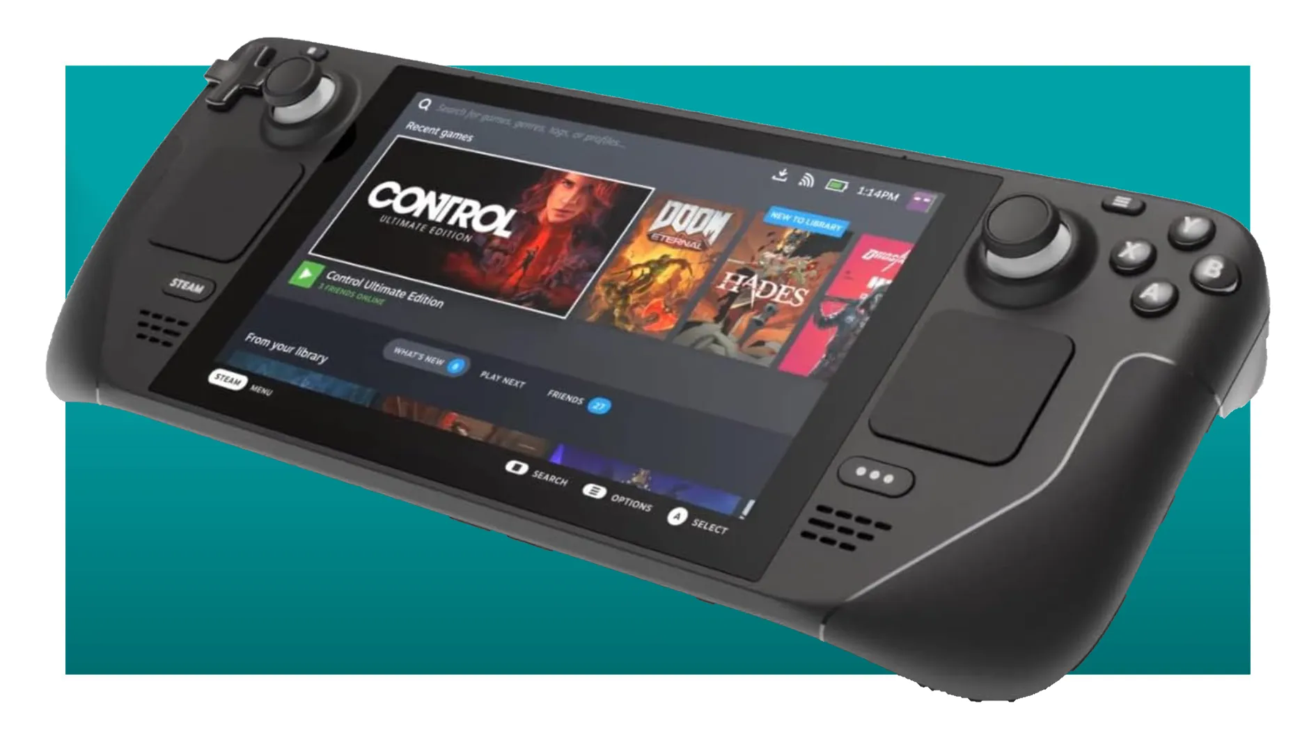 Steam Deck掌机正面展示图，黑色机身搭配两侧手柄，屏幕清晰显示Steam界面