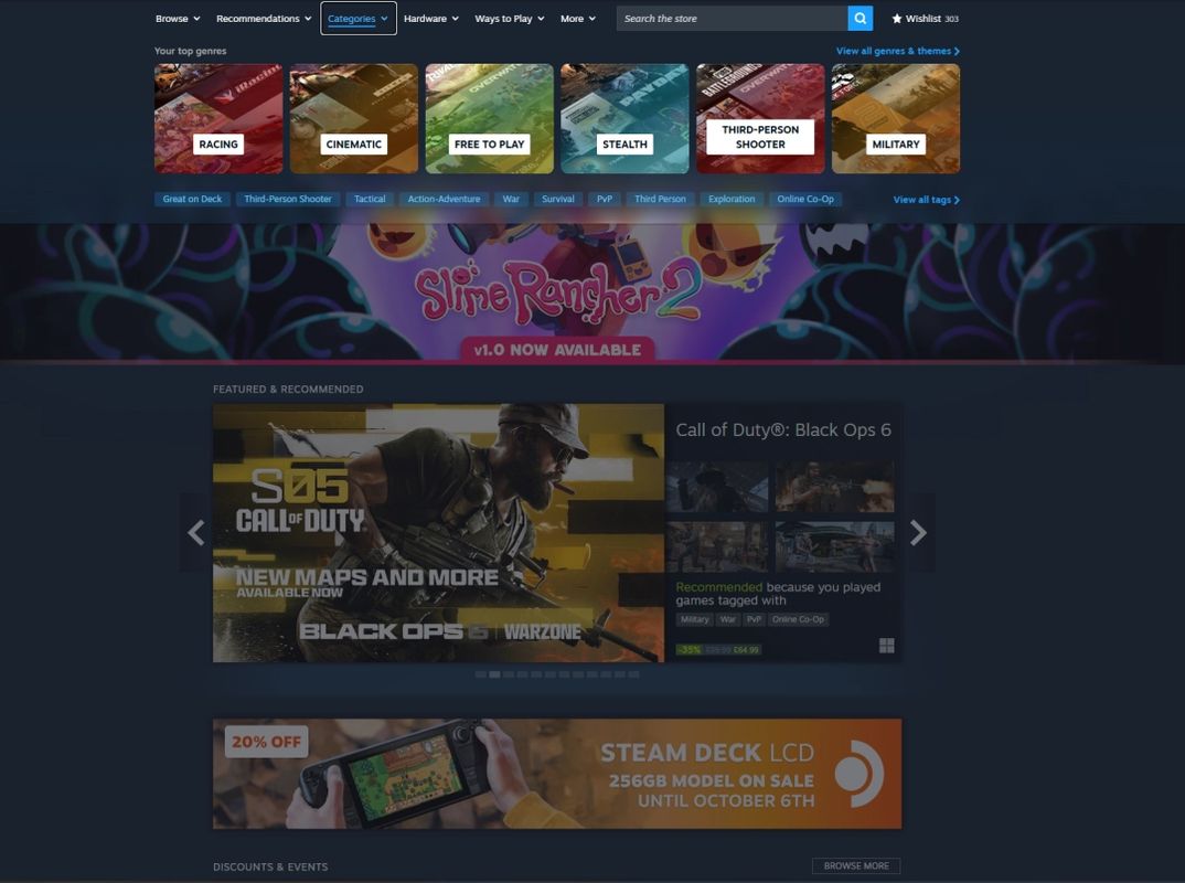 Steam新旧界面对比图，突出新版导航栏整合效果及分类下拉菜单的实际展示