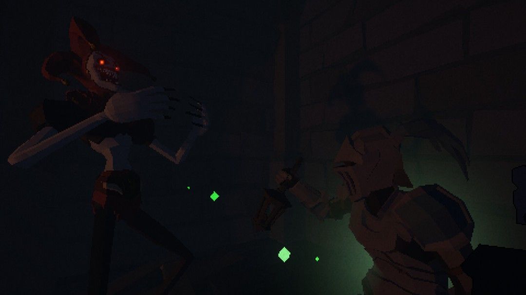 两名玩家正在合力推动石门，头顶吊灯剧烈晃动，暗示危险临近