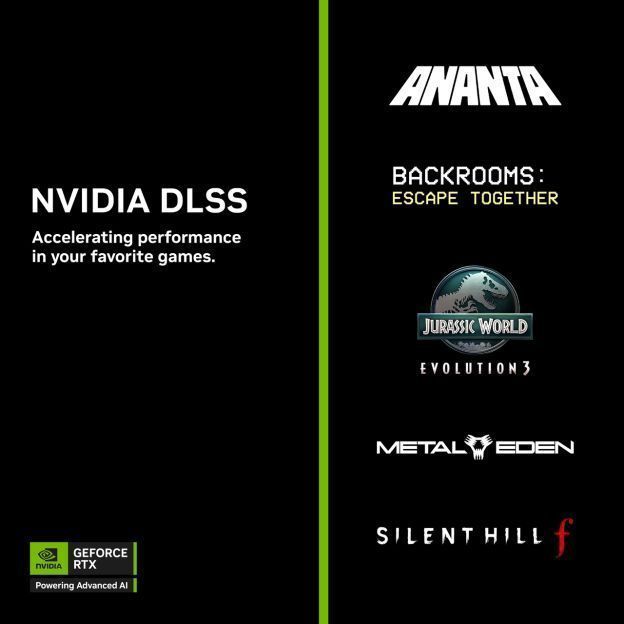 NVIDIA DLSS 4技术展示界面，多款支持游戏LOGO环绕，背景为光线追踪渲染的都市与丛林场景