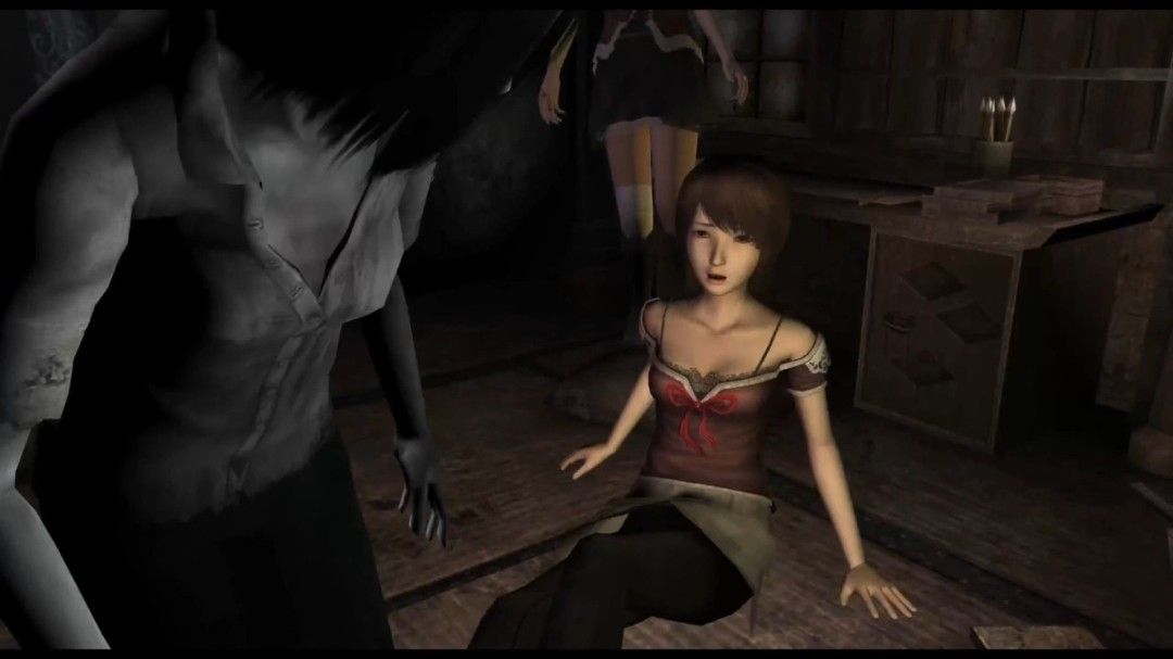 日式老屋内部细节，墙壁血迹清晰可见，充满诡异气息