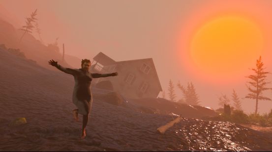 主角Nate在室内练习走路的画面，动作僵硬滑稽，家具散落一地，墙上贴满励志标语，充满黑色幽默