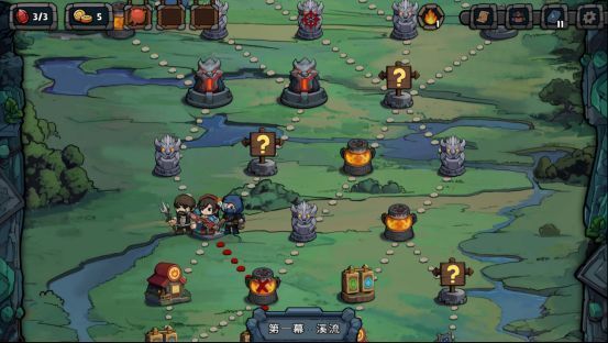 游戏地图 progression 路径图，蜿蜒小路连接多个节点，包含战斗、事件、商店等不同图标标识