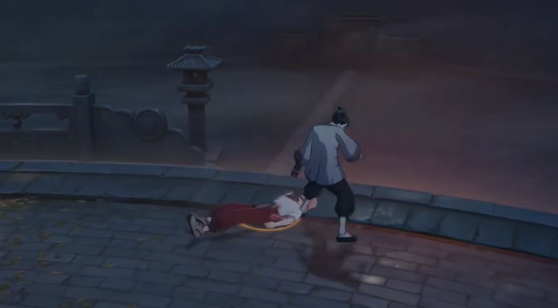 如花在PVP竞技场中击败对手，画面定格在其收起枪械转身离去的帅气背影