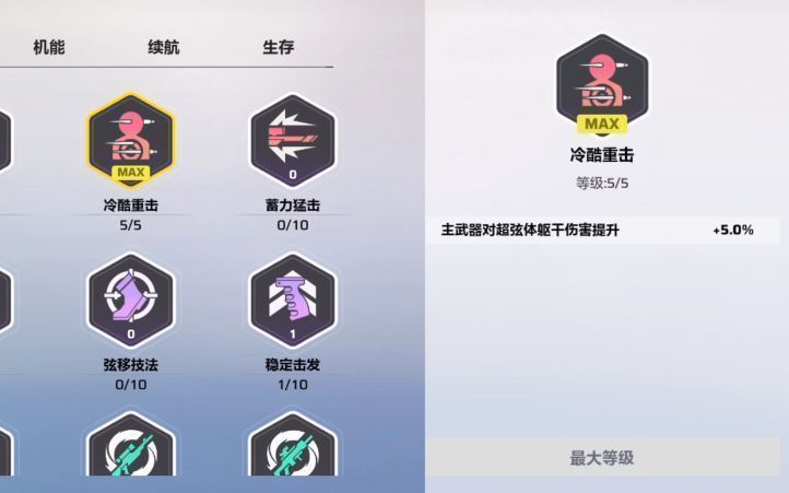 天赋树结构图示，清晰划分出四个主要分支：攻击、技能、续航、防御，每个节点带有图标与简要说明