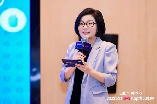 七麦科技联合创始人兼副总裁吴瑕在峰会主舞台发表演讲，背景为峰会主题视觉