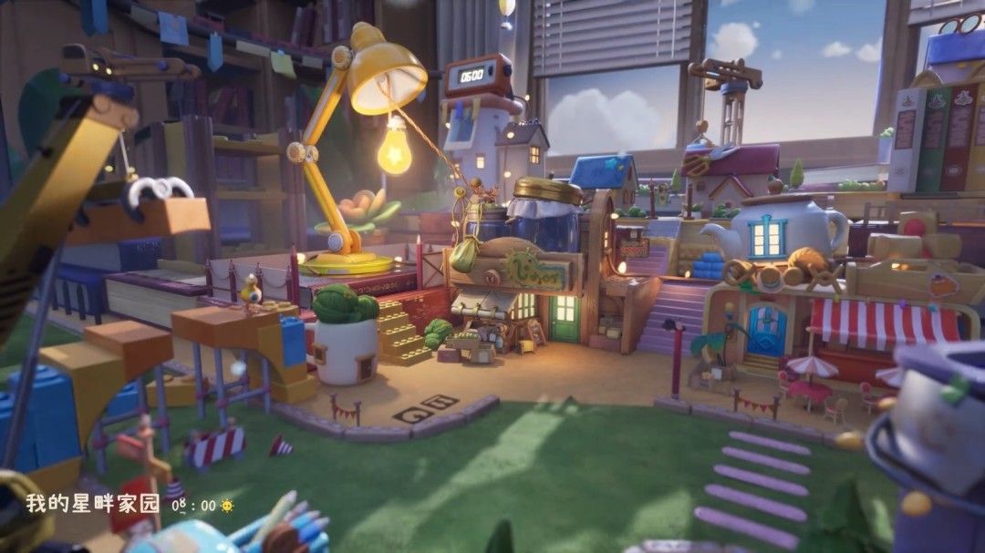 玩家角色正在用小网兜收集空中漂浮的金色光点，背景是一片放大的窗台植物群落