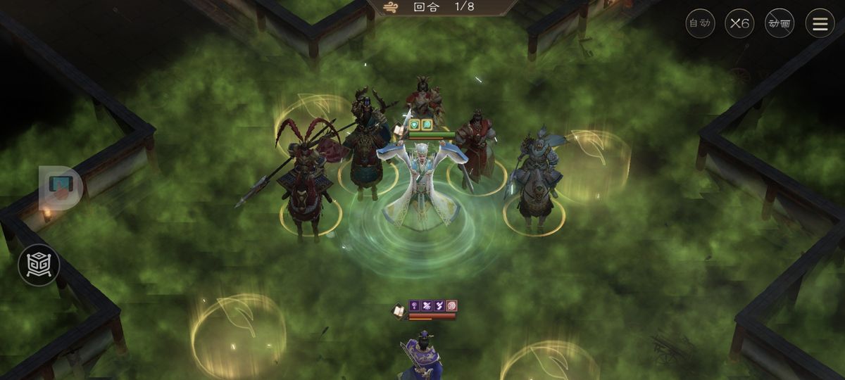 诸葛亮正在释放八门金锁技能，蓝色法阵笼罩敌方前排，成功控制多个敌人