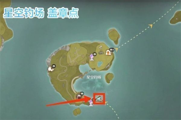 游戏角色站在湖边木台上的盖章机前，背景是波光粼粼的水面和远处山峦