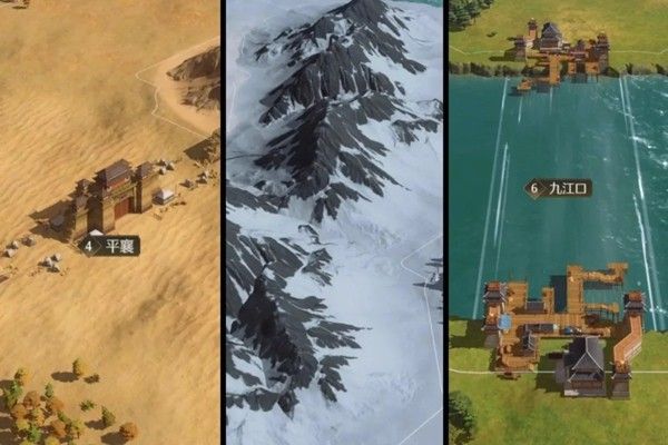 《九牧之野》新版大沙盘实景图，地形层次分明，河流山脉逼真，城池建筑随等级提升形态演变