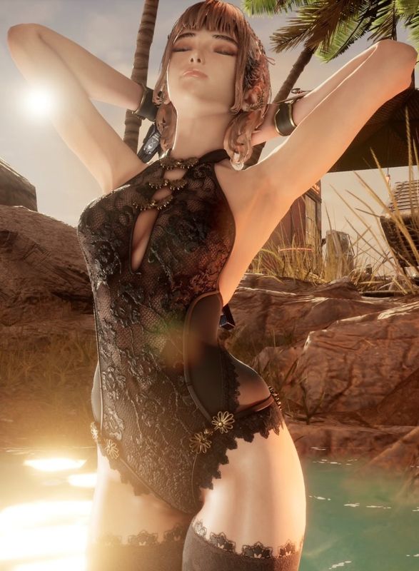 伊芙背对镜头站在高塔边缘，披风飞扬，俯瞰毁灭都市