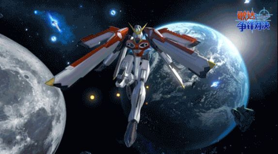 凤凰敢达在主界面展开双翼化为鸟形态盘旋升空，周围光羽飞舞，特效华丽夺目