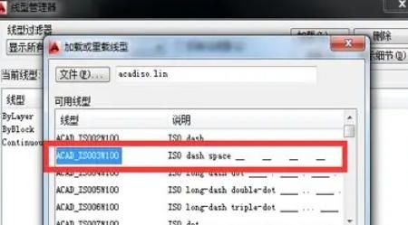 加载线型窗口，显示多个虚线预览图样，如短划线与点间隔线