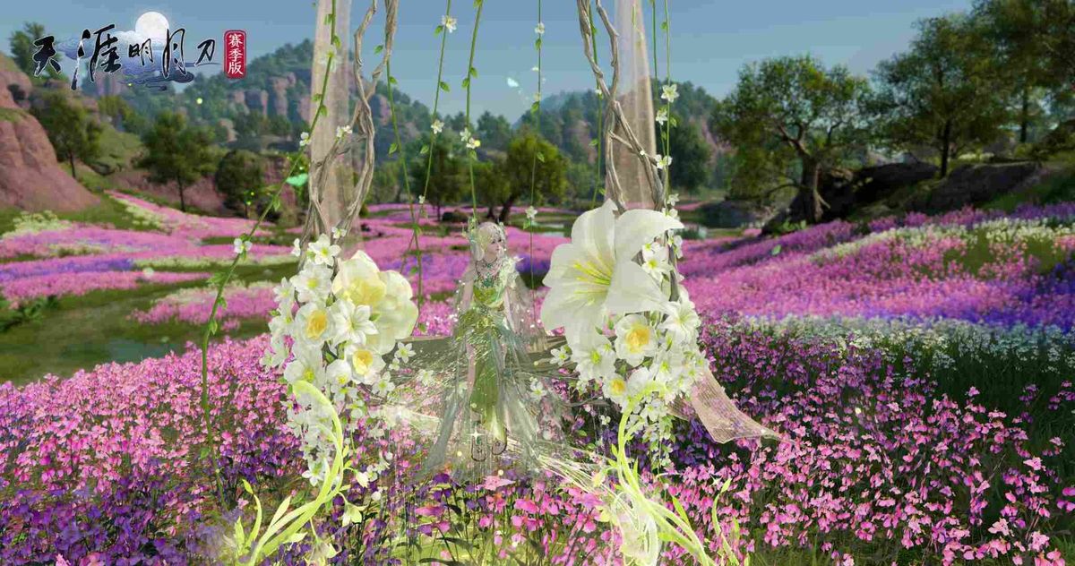 动作【聆风】演示图，角色单手轻抬至耳畔，眼神温柔望向远方