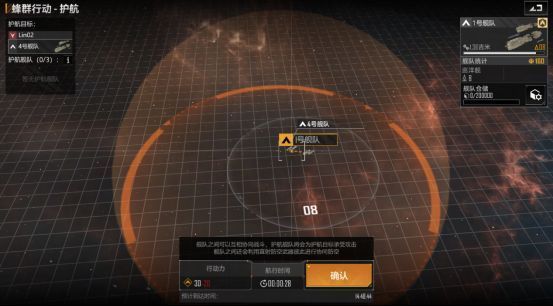 护航系统示意图，两支舰队通过蓝色能量链连接，遭受攻击时同步启动防空炮火