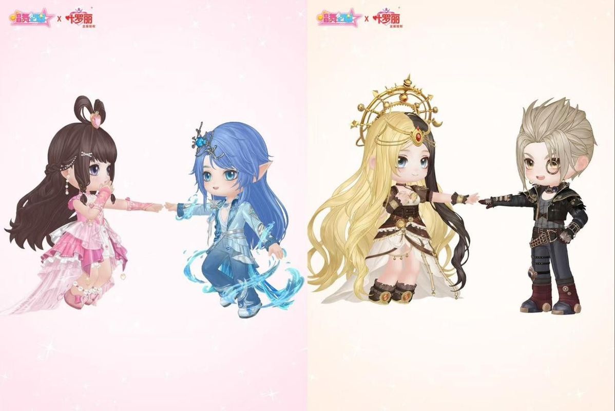 Q版王默与水王子手牵手跳舞，头顶冒出小星星和爱心气泡，画面可爱温馨