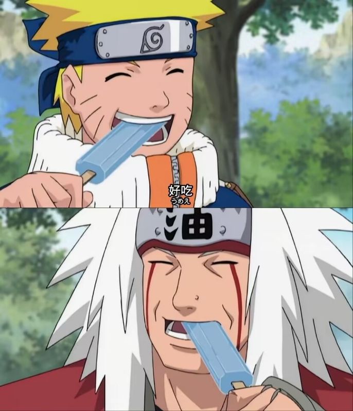 自来也和鸣人坐在岩石上吃冰棒，夕阳洒在他们身上，脸上洋溢着轻松的笑容