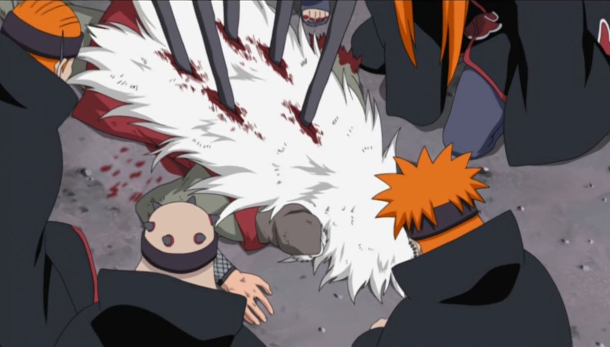 自来也倒在水中，身体逐渐下沉，眼神平静，嘴角微扬，周围水流翻涌