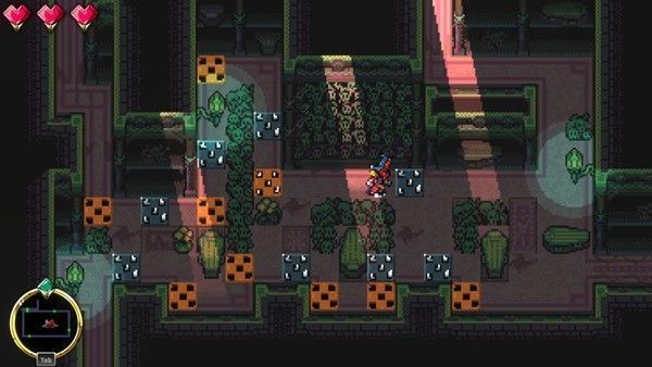 机关密布的地图局部，包含压力板、移动平台和激光屏障，玩家正从角落滑向中央平台