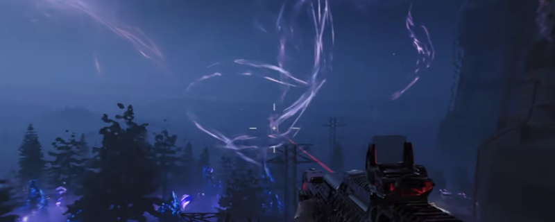 《使命召唤：黑色行动7》诅咒余烬模式中玩家使用弹跳板进行地图探索的场景，周围布满神秘符文与发光装置