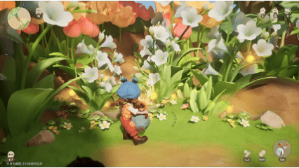 玩家操控角色使用小瓶子收集空气中漂浮的光点，周围花瓣缓缓飘落，画面梦幻如童话