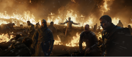 游戏中战斗场景截图，丹妮莉丝骑乘巨龙喷吐烈焰，地面部队激烈交锋，画面充满电影质感