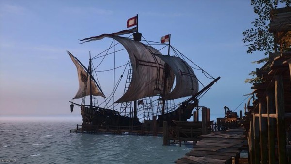 玩家操控一艘自制双桅帆船在开阔海域航行，身后拖曳白色浪花